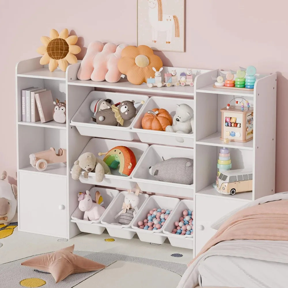 Kids Toy Storage Organizer W/8 Removable Toy Bins, 4-Tier Toy Organizers W/6 Storage Cubbies, Kids Bookshelf and Toy Storage fo