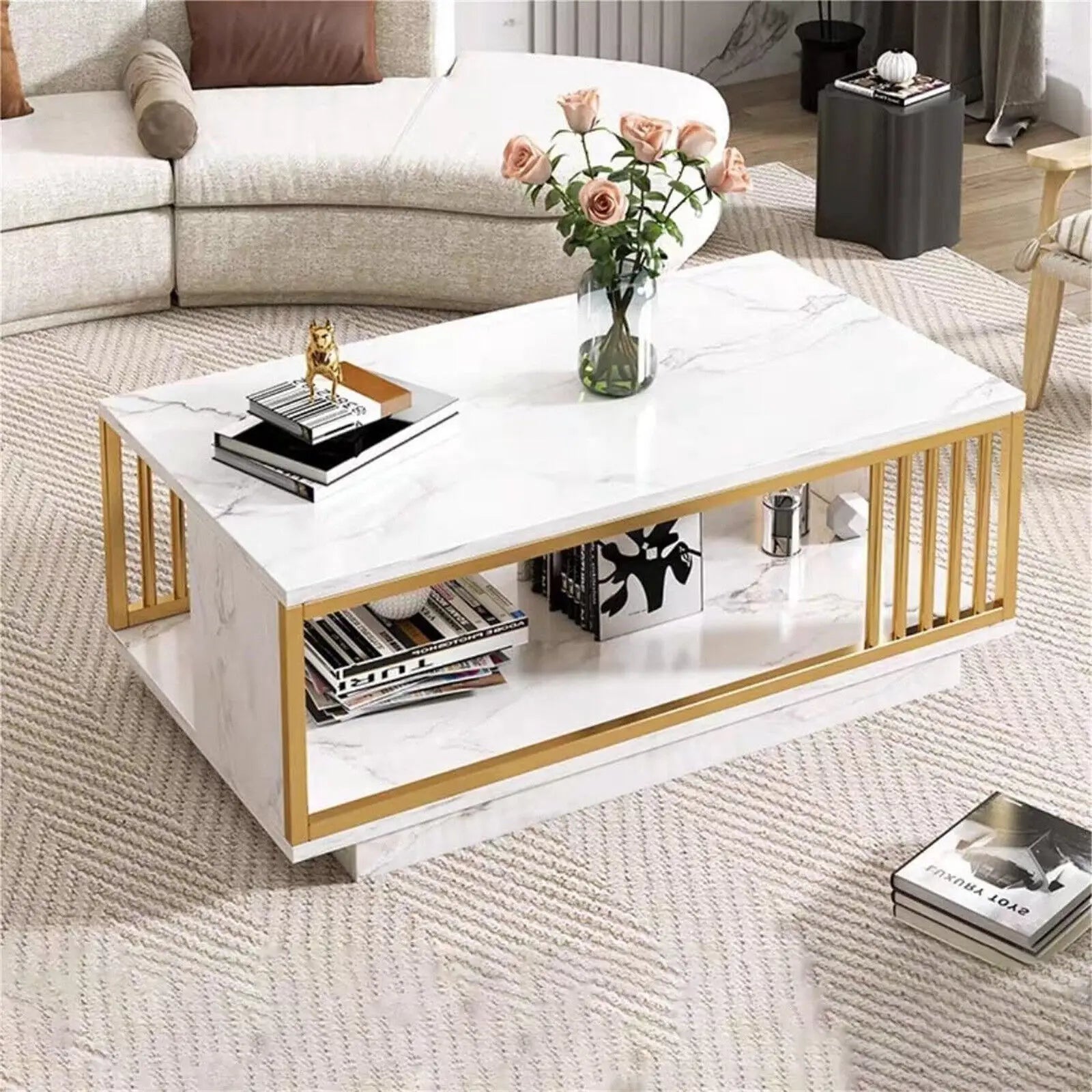 Modern White & Gold Coffee Table with Storage Shelf