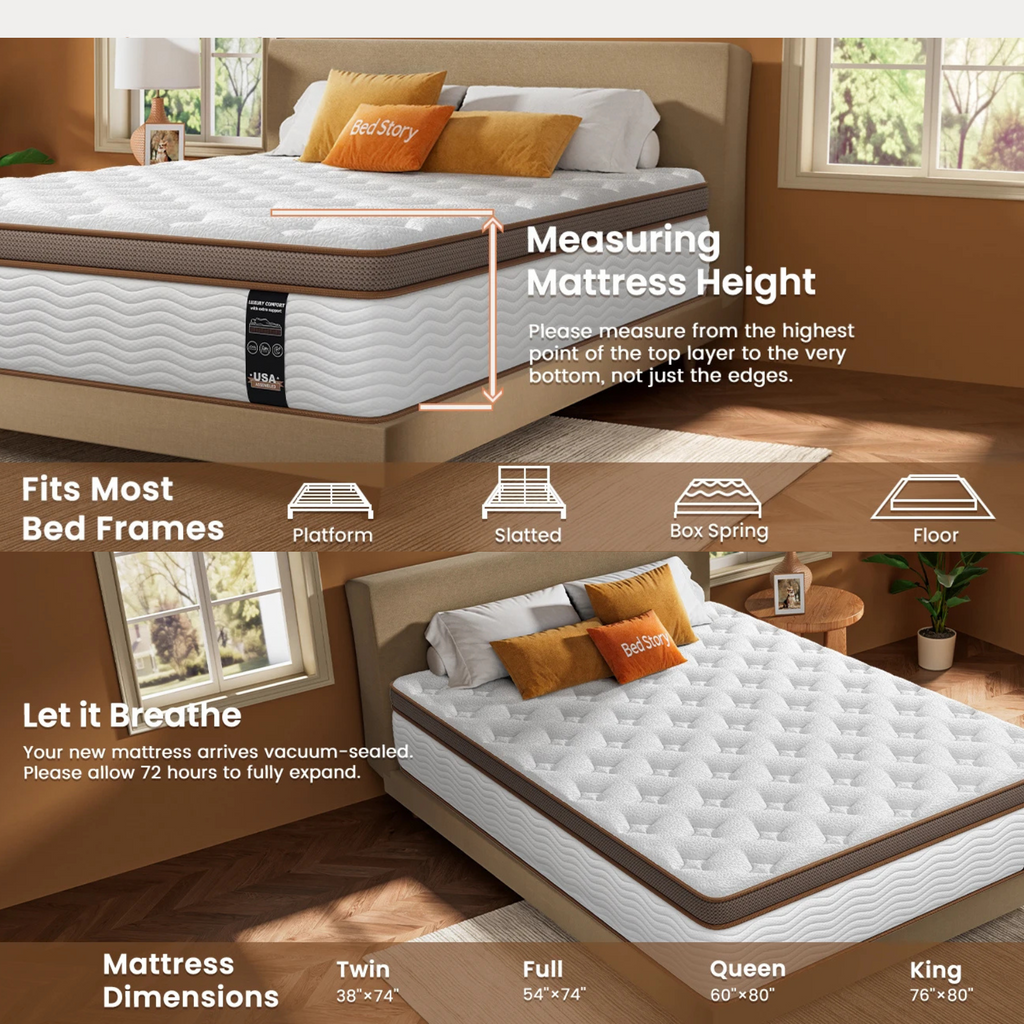 Hybrid Mattress – 12–14 Inch Eurotop, Memory Foam & Pocket Spring, Motion Isolation, USA