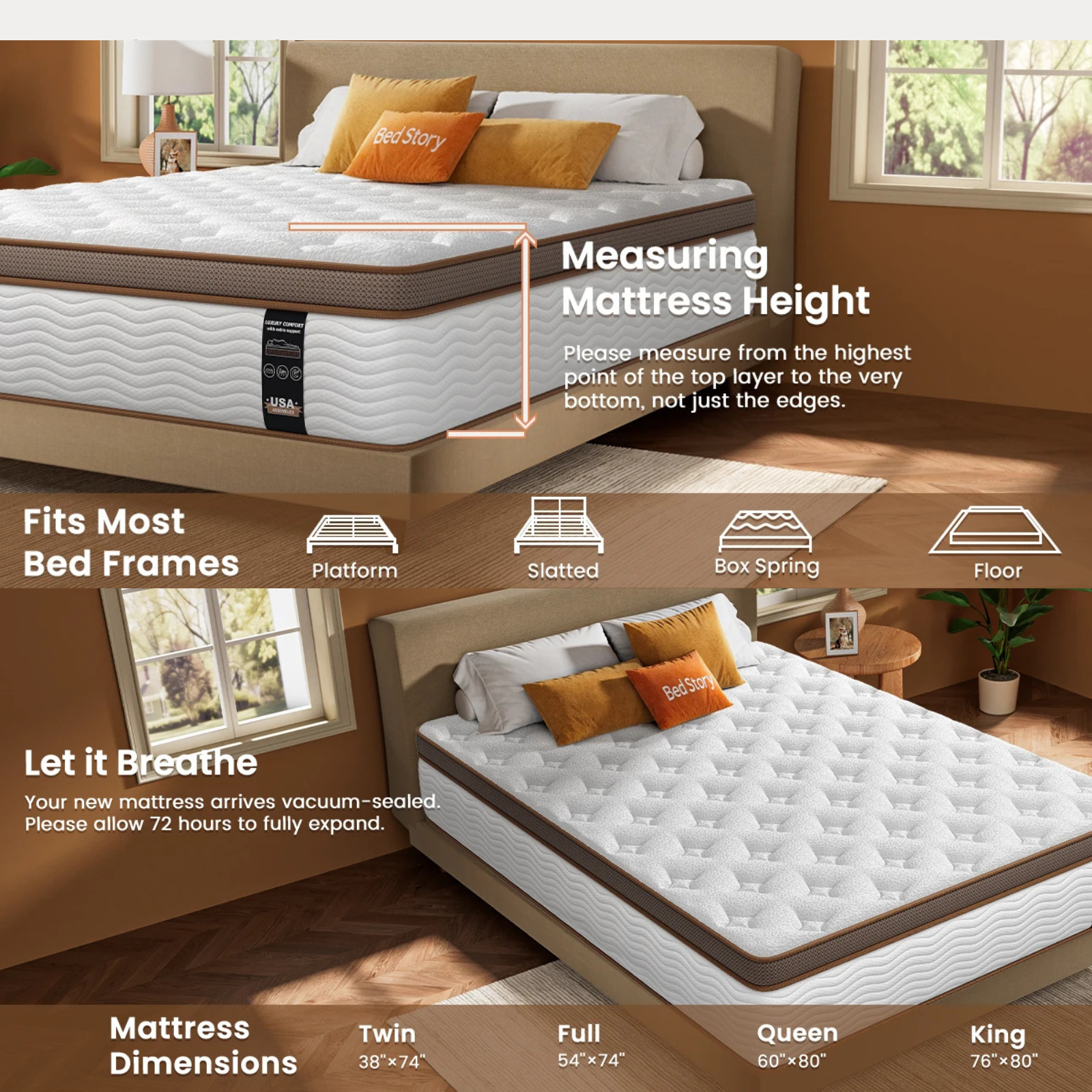 Hybrid Mattress – 12–14 Inch Eurotop, Memory Foam & Pocket Spring, Motion Isolation, USA