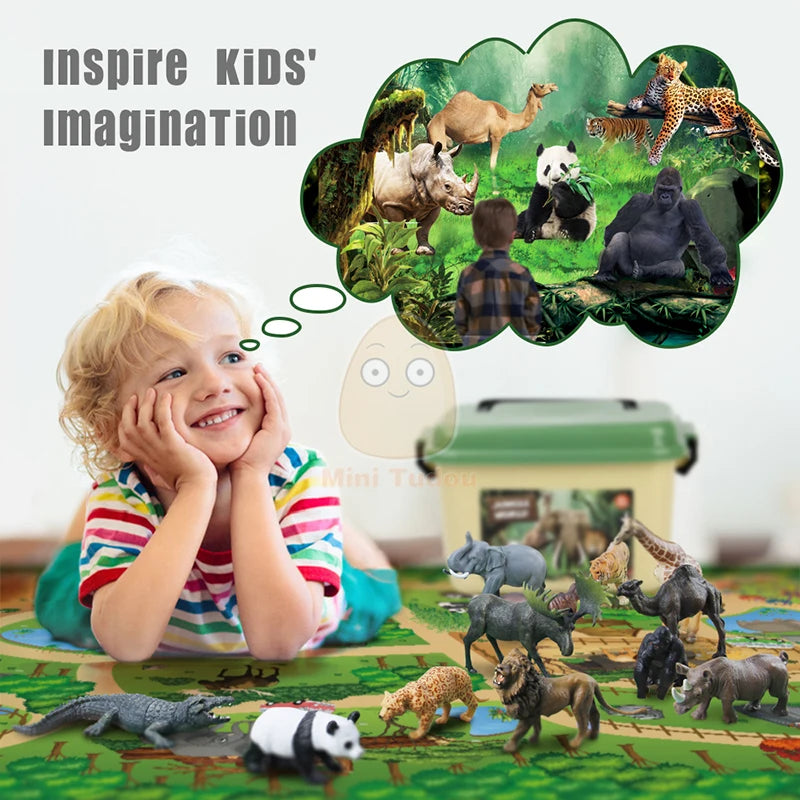 2PCS Animal Figures Playset with Storage Case & Safari Play Mat