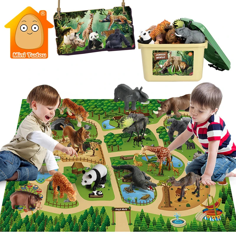 2PCS Animal Figures Playset with Storage Case & Safari Play Mat
