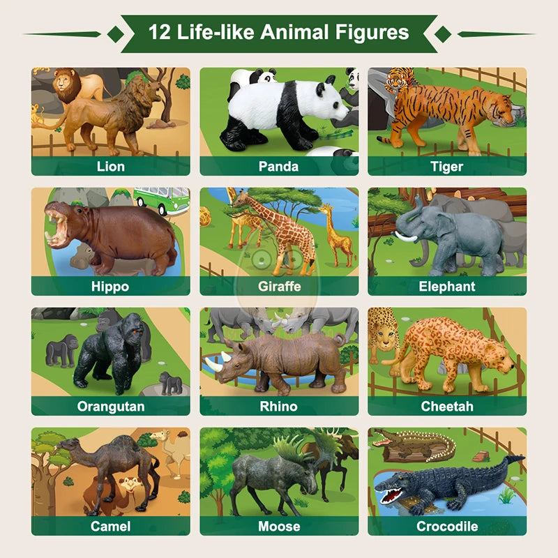 2PCS Animal Figures Playset with Storage Case & Safari Play Mat