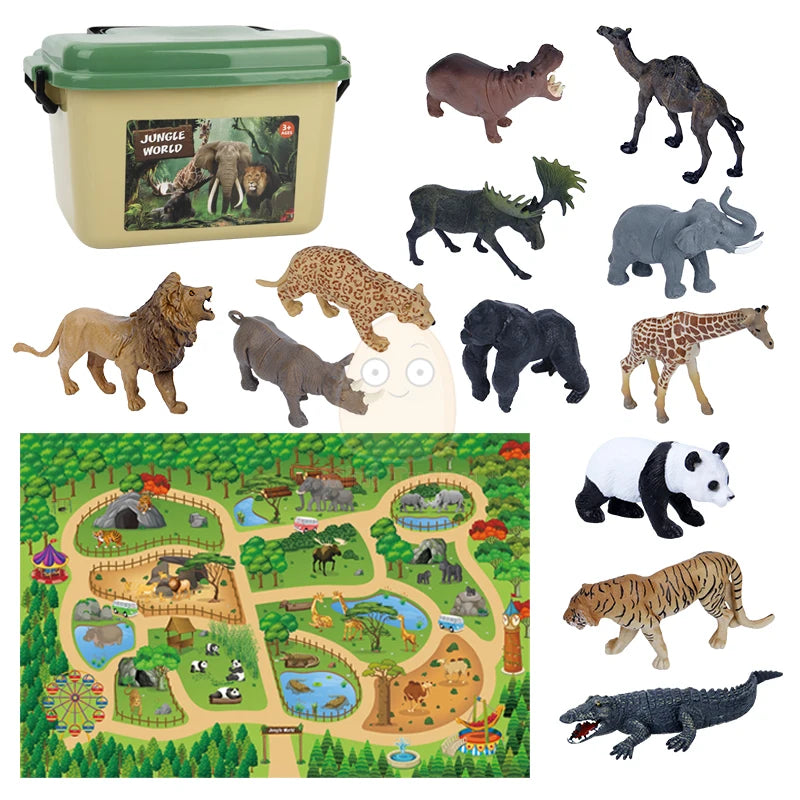 2PCS Animal Figures Playset with Storage Case & Safari Play Mat