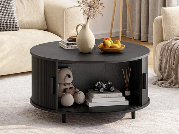 ONBRILL Modern Round Coffee Table with 360° Sliding Door