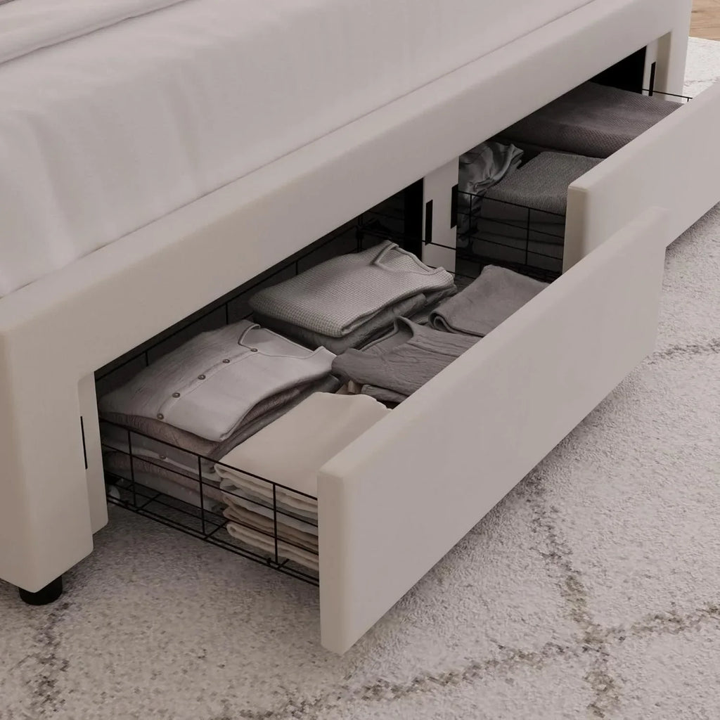 LED Upholstered Bed with Storage & Wingback Headboard