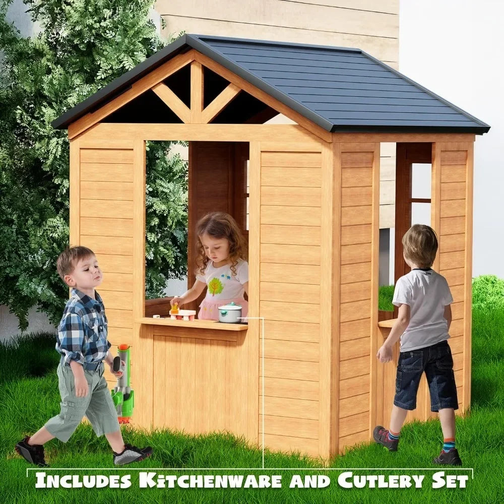 Outdoor Kids Playhouse | Wooden Toddler Playhouse with Kitchen & Accessories