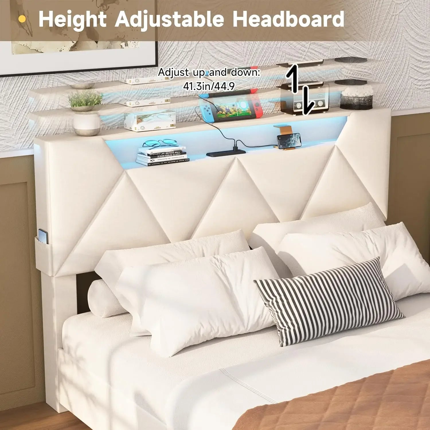 Queen Bed Frame with Storage, LED Lights & Built-in Charging Station