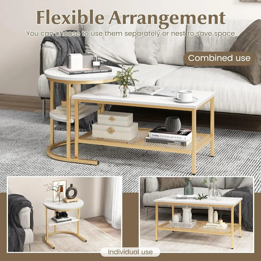 2-in-1 Gold Nesting Coffee & Side Table Set with Faux Marble Top