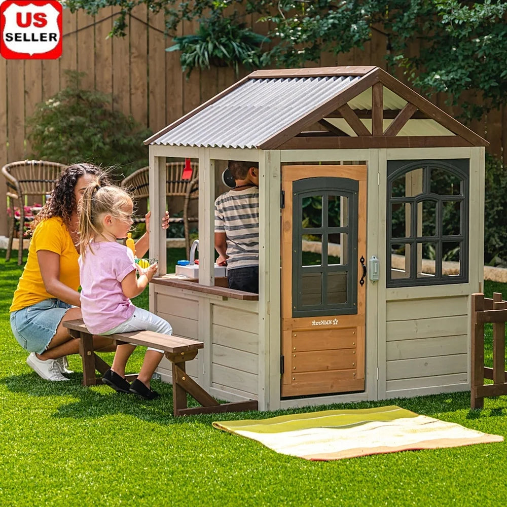 Pioneer Cottage Wooden Outdoor Playhouse for Kids with Kitchen Accessories & Doorbell