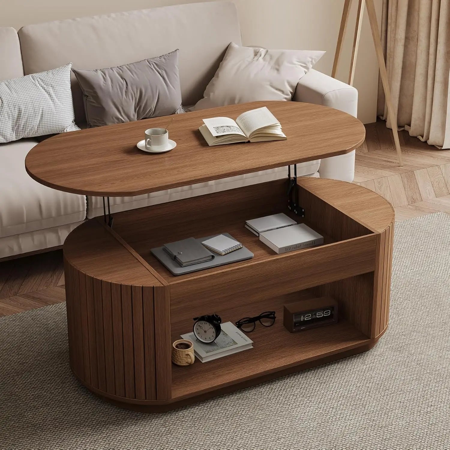 Minimalist Modern Oval Coffee Table 47" with Lift-Top