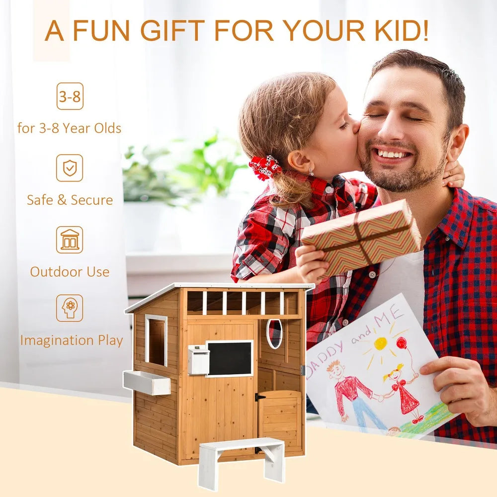 Kids Outdoor Wooden Playhouse, Garden Games Cottage, w/ Door Bench Blackboard