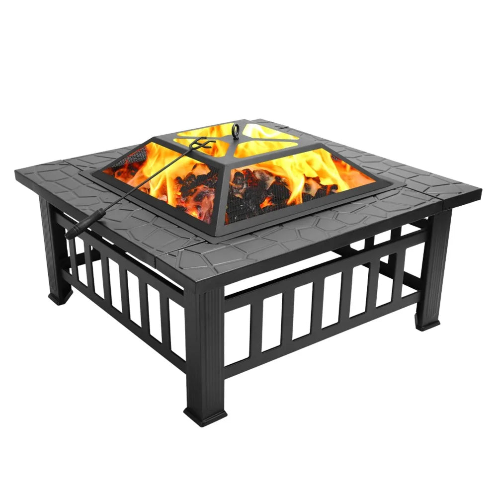 Outdoor Square Fire Pit with Mesh Lid & Poker – 32" Black Metal