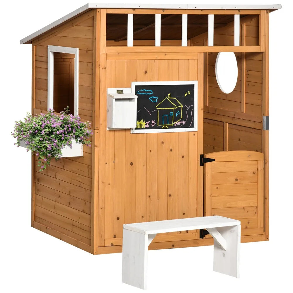 Kids Outdoor Wooden Playhouse, Garden Games Cottage, w/ Door Bench Blackboard