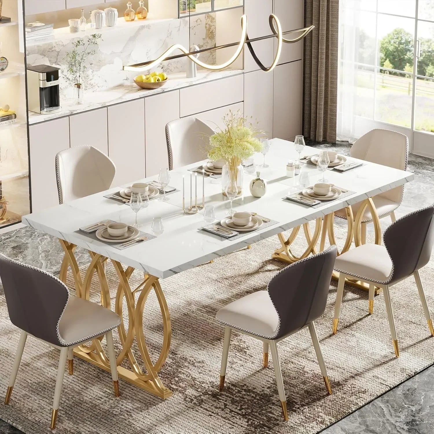 Modern Faux Marble Dining Table with Gold Geometric Legs