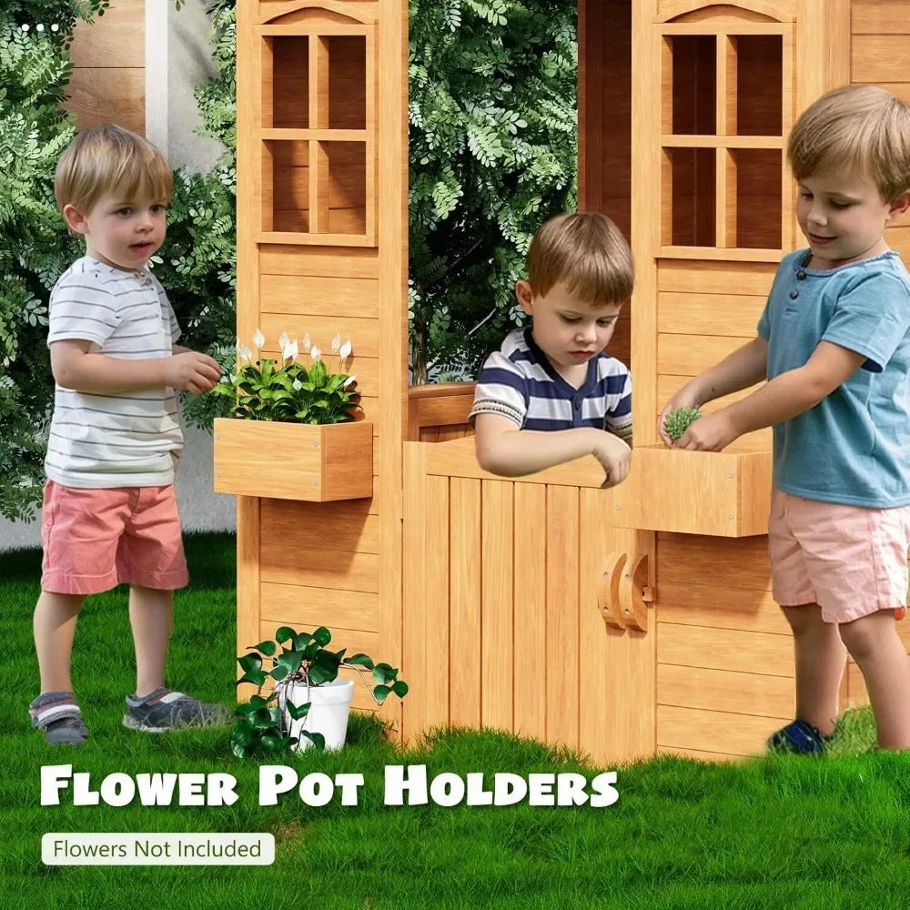 Outdoor Kids Playhouse | Wooden Toddler Playhouse with Kitchen & Accessories