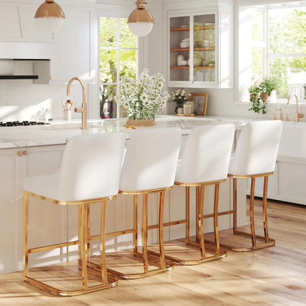24" Modern Upholstered Bar Stool – White Faux Leather, Brushed Metal Frame