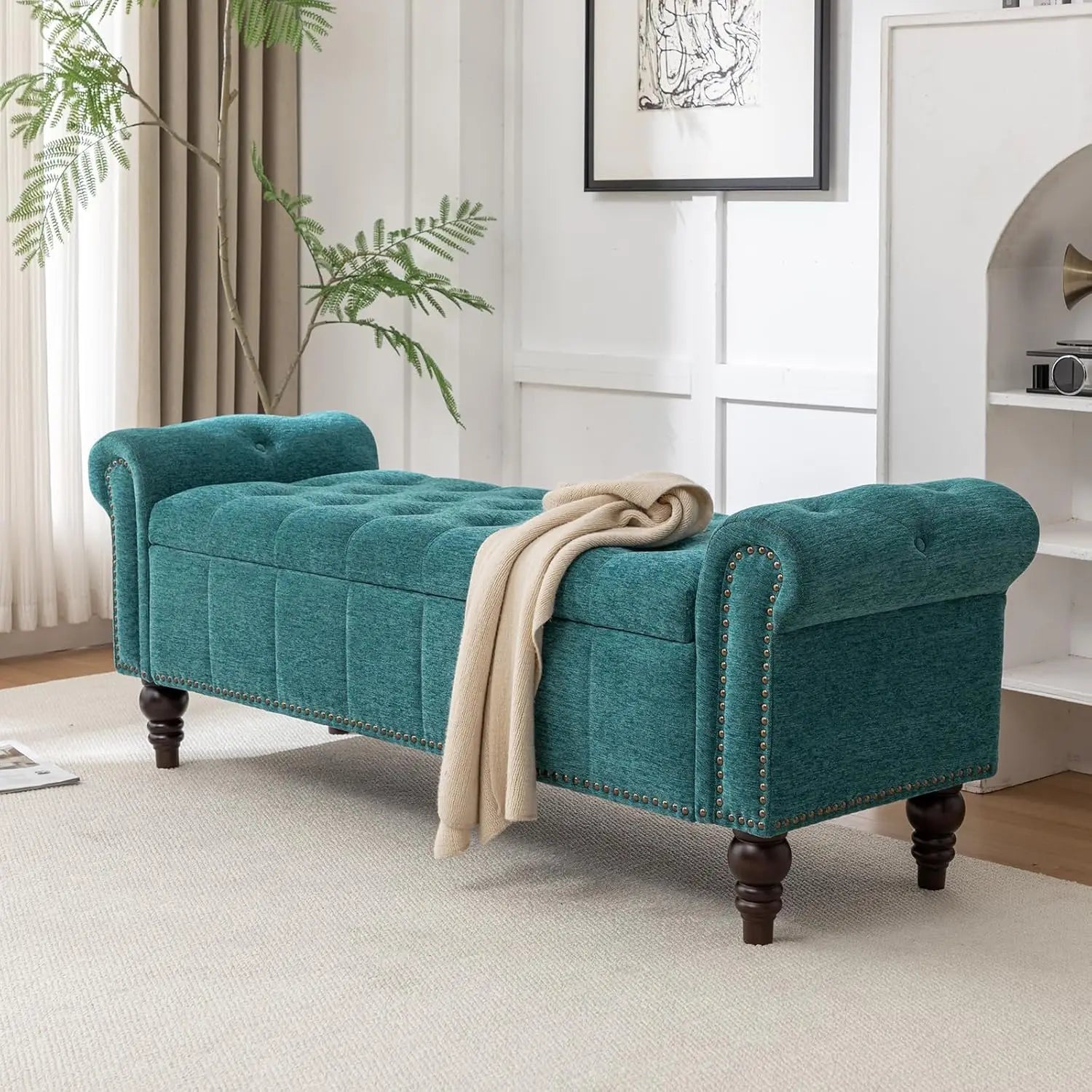 HUANZHUANG 58" Velvet Storage Bench – Modern Ottoman for Queen Bed, Solid Wood & Oak Legs