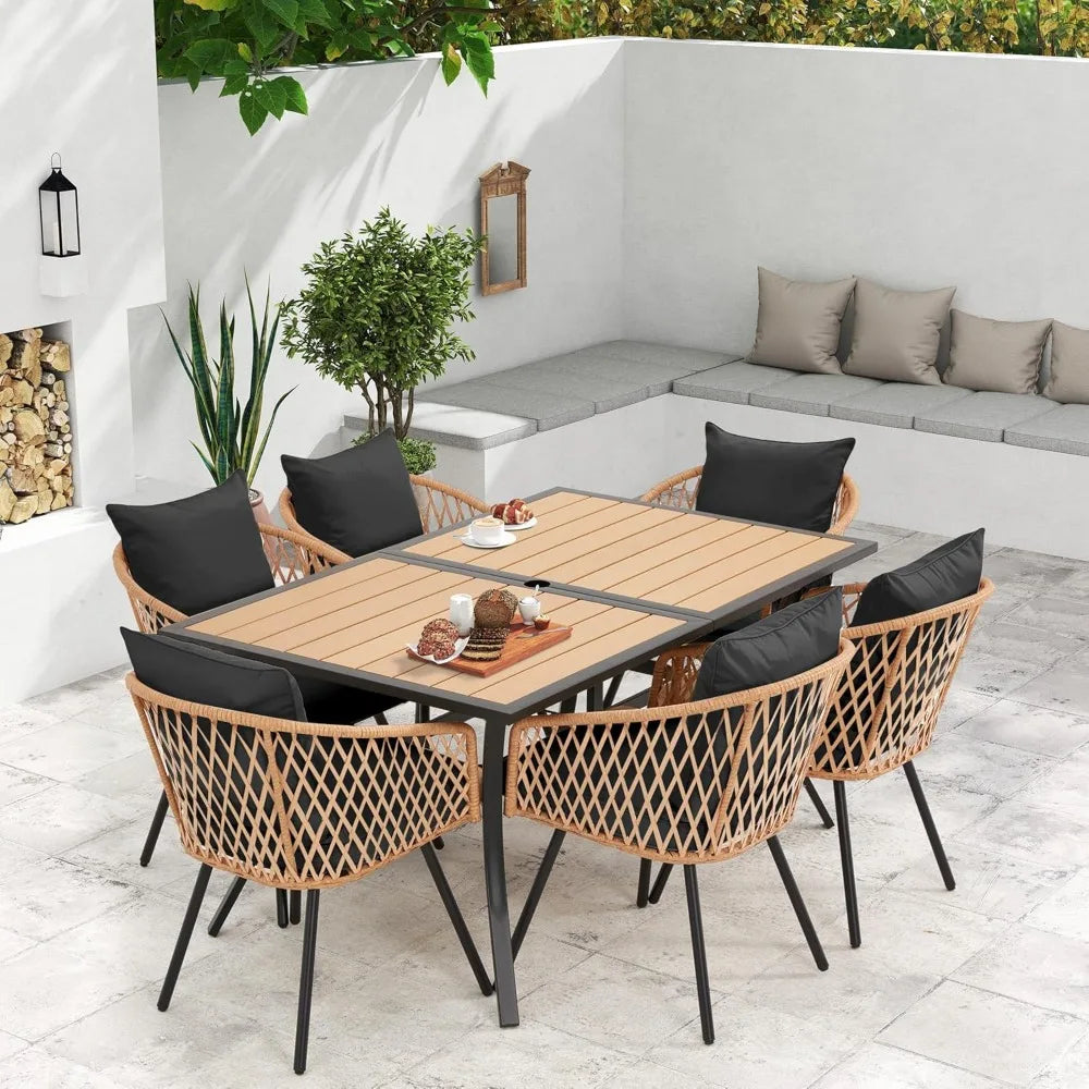 7-Piece Wicker Patio Dining Set with Cushions & Umbrella Hole – Black Rattan