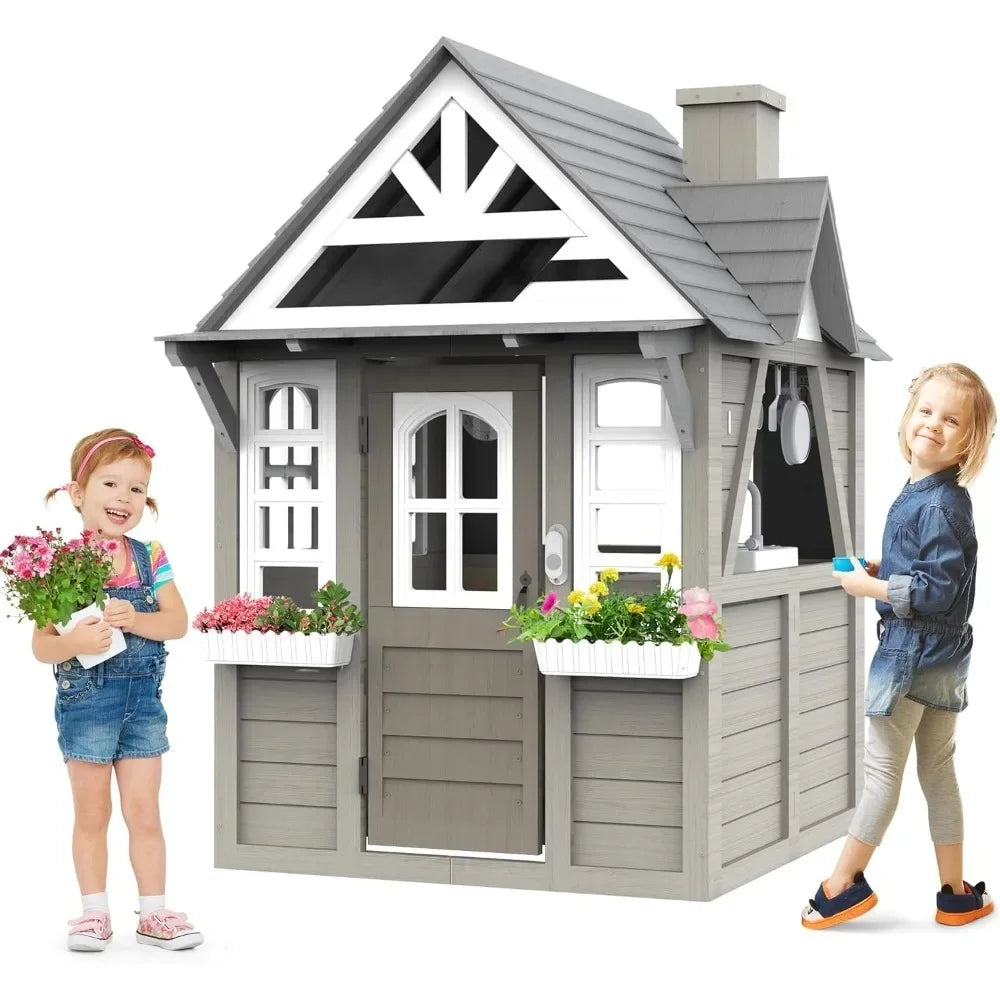Children’s Outdoor Playhouse with Kitchen, Doorbell & Chalkboard – Fir Wood & Plastic
