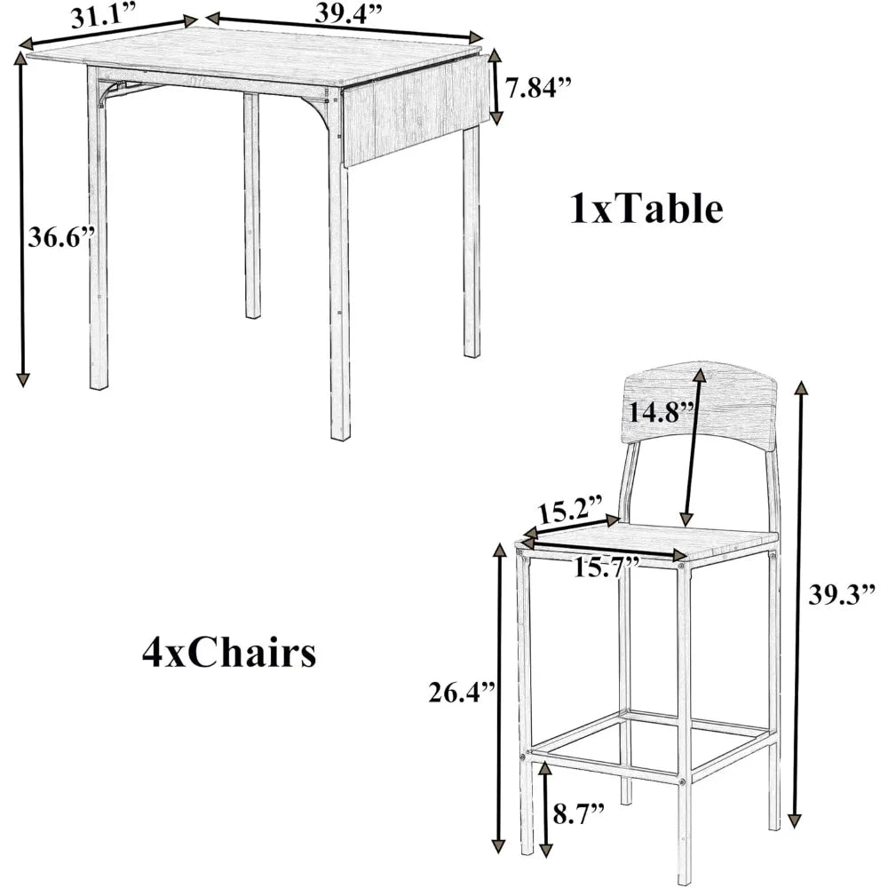 Rustic Farmhouse Dining Set for 4 with Drop-Leaf Table