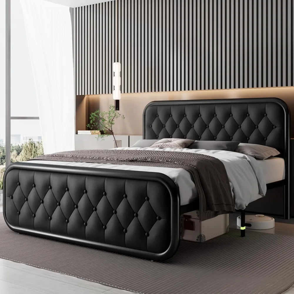 Bed Frame, Heavy Duty Bed Frame with Faux Leather Headboard, Bed with Strong Metal Slats Under-Bed Storage, Easy Assembly