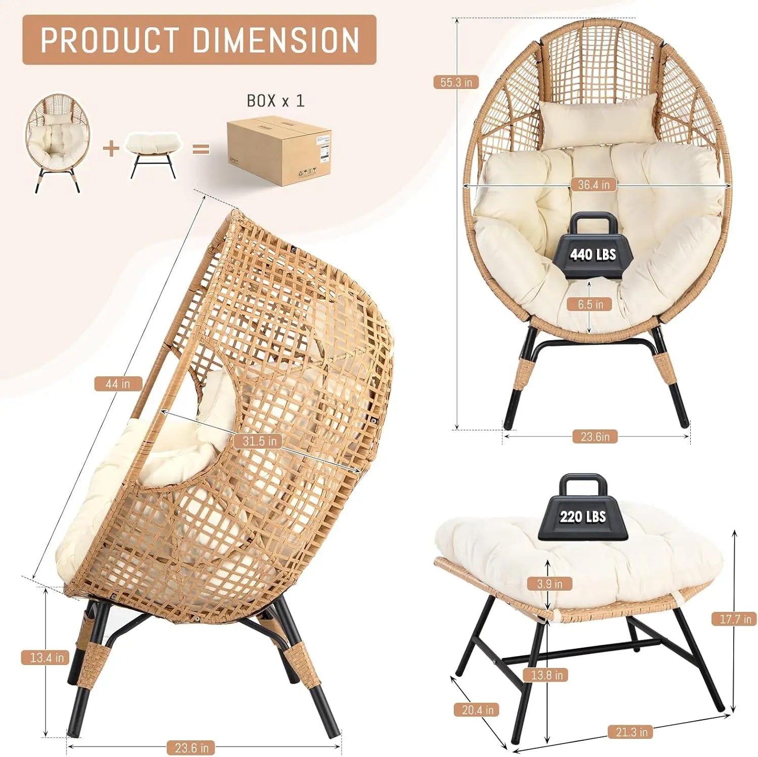 Egg Chair with Footrest – Oversized Rattan Lounger for Indoor & Outdoor