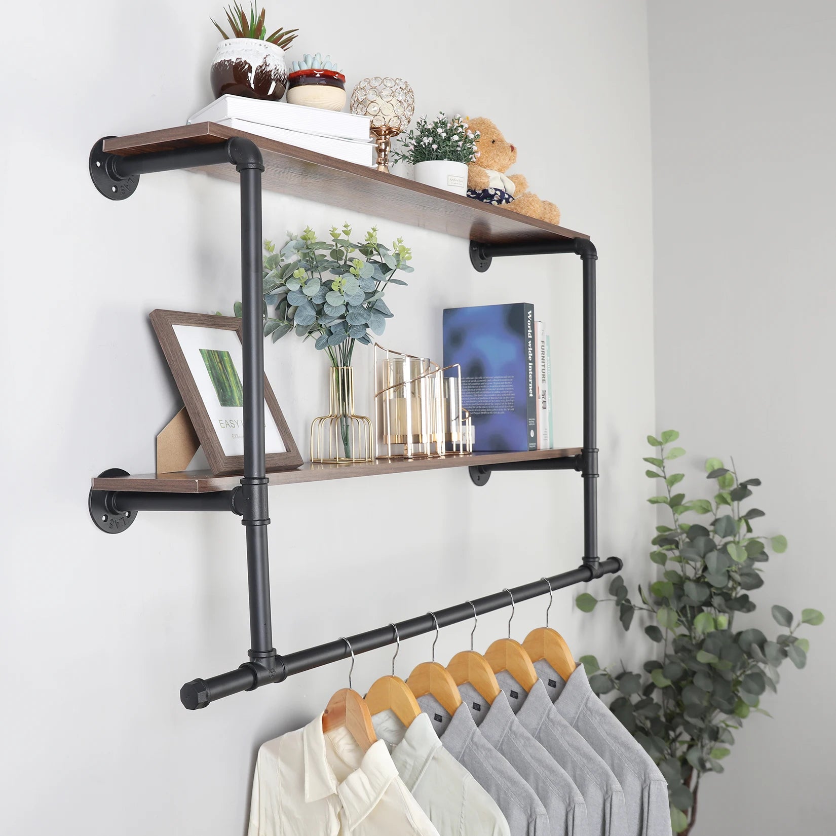 45.7” Industrial Pipe Clothing Rack with 2-Tier Shelf – Wall-Mounted Organizer
