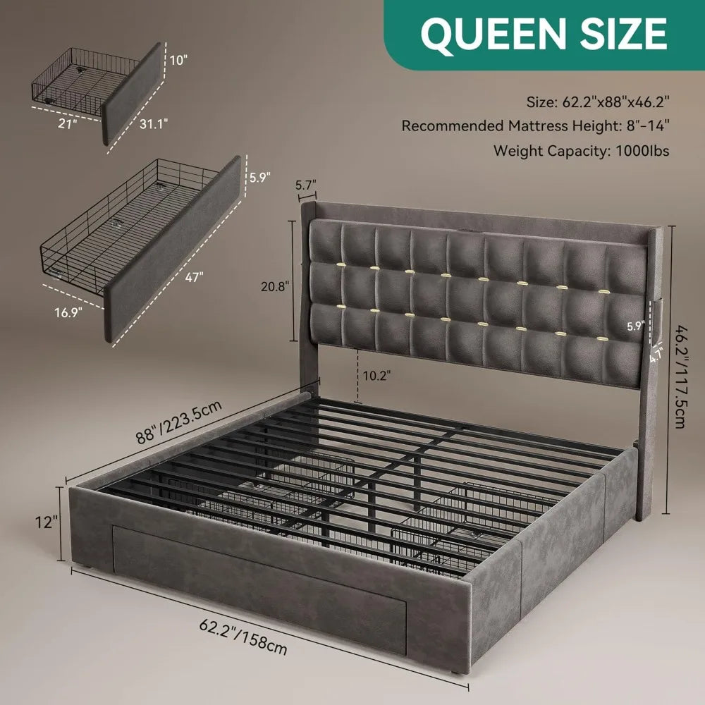 Velvet Queen Bed Frame with LED Lights & Storage  UELV Description: