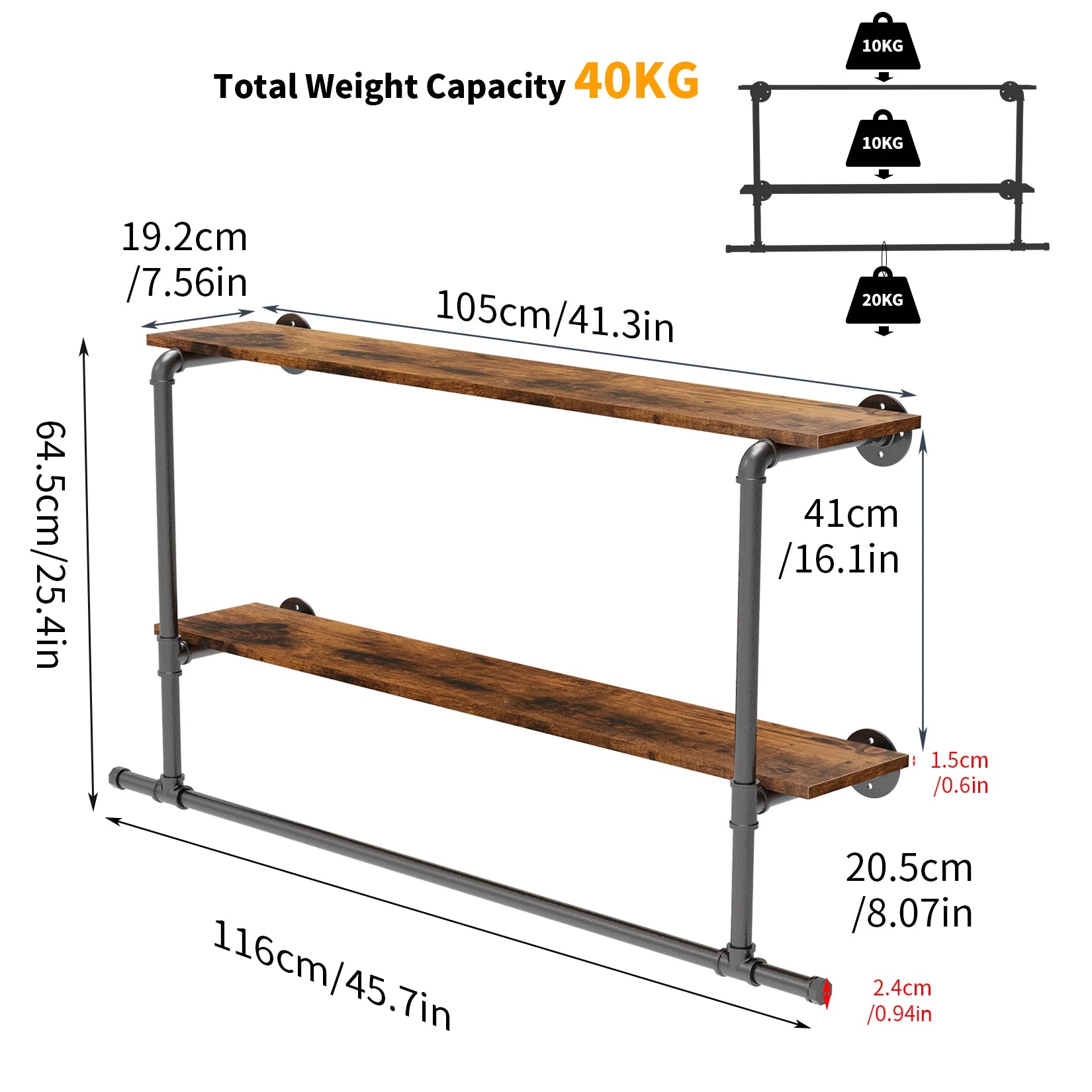 45.7” Industrial Pipe Clothing Rack with 2-Tier Shelf – Wall-Mounted Organizer