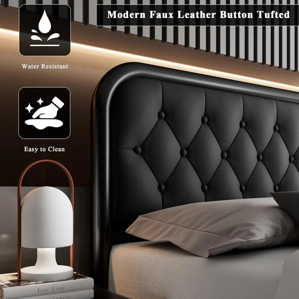 Bed Frame, Heavy Duty Bed Frame with Faux Leather Headboard, Bed with Strong Metal Slats Under-Bed Storage, Easy Assembly