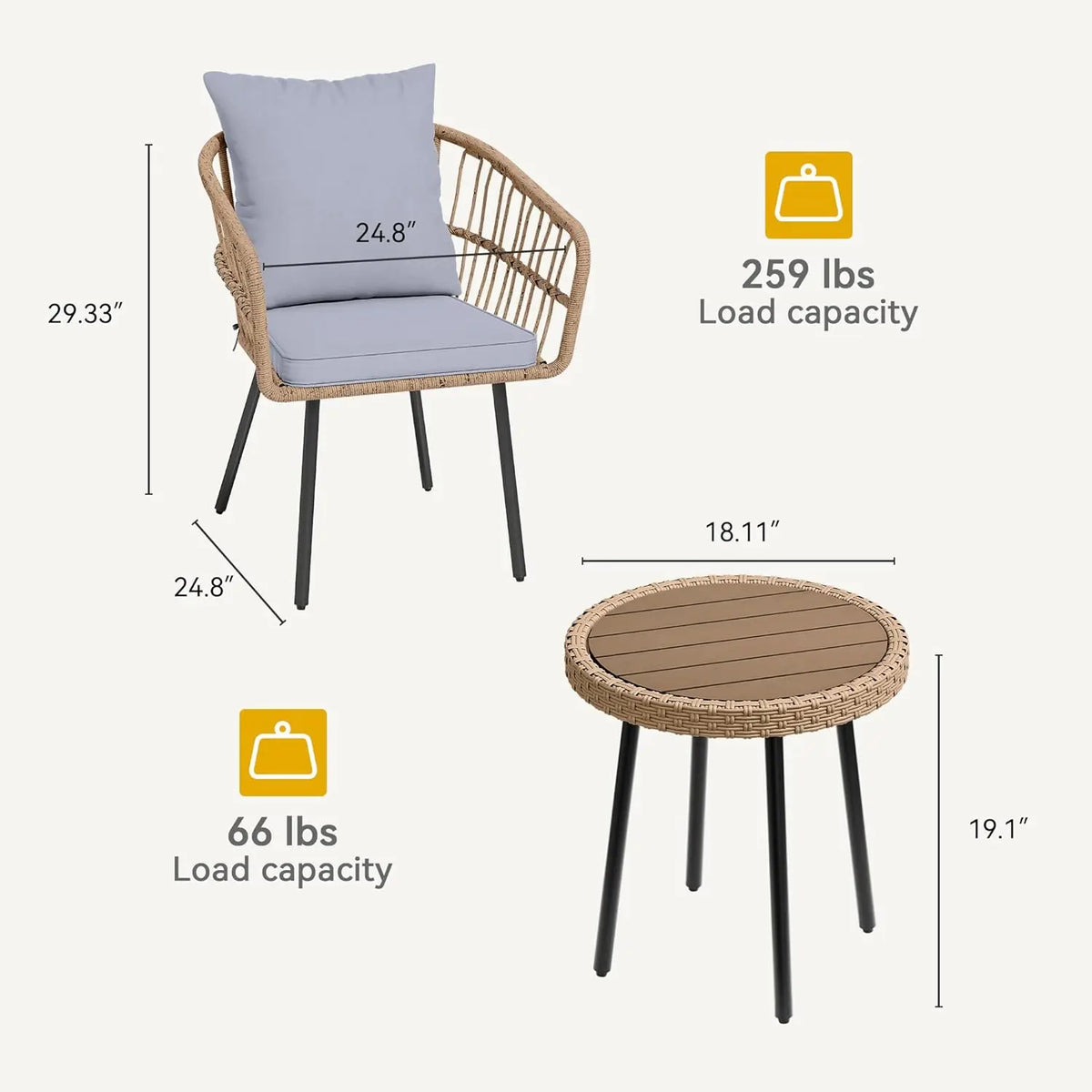 3-Piece Bamboo Rattan Patio Bistro Set – Cushioned Armchairs & Coffee Table