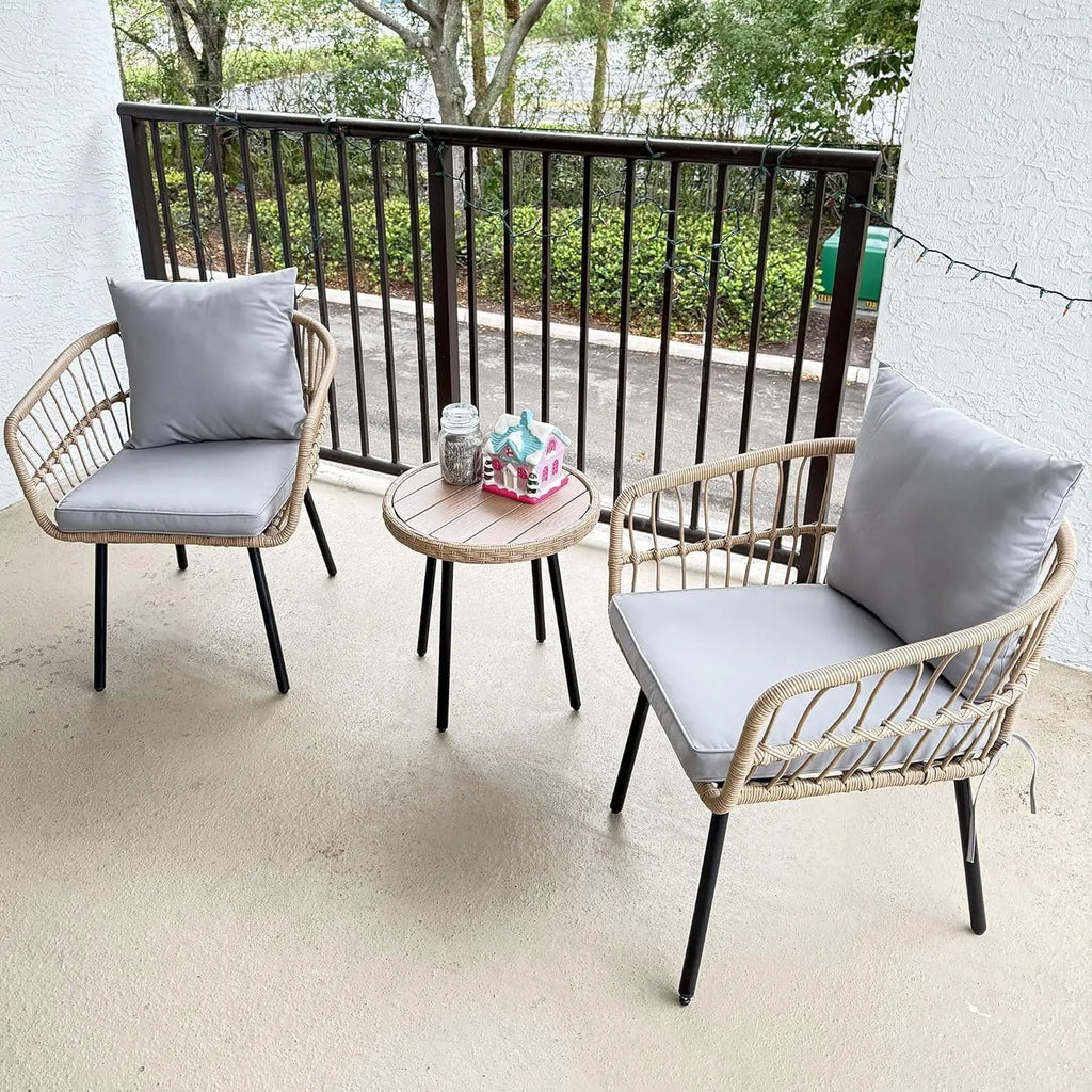 3-Piece Bamboo Rattan Patio Bistro Set – Cushioned Armchairs & Coffee Table