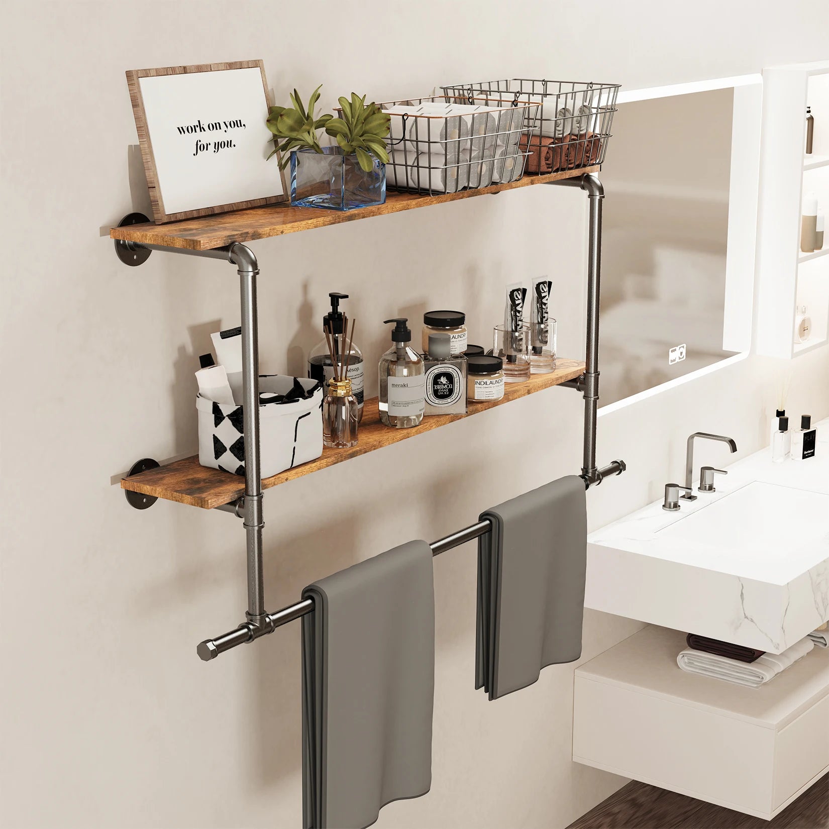 45.7” Industrial Pipe Clothing Rack with 2-Tier Shelf – Wall-Mounted Organizer
