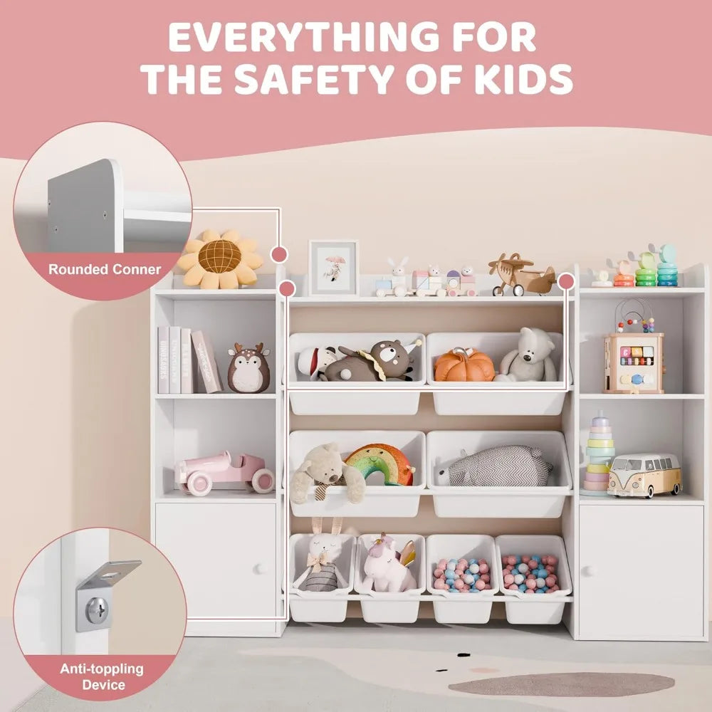 Kids Toy Storage Organizer W/8 Removable Toy Bins, 4-Tier Toy Organizers W/6 Storage Cubbies, Kids Bookshelf and Toy Storage fo