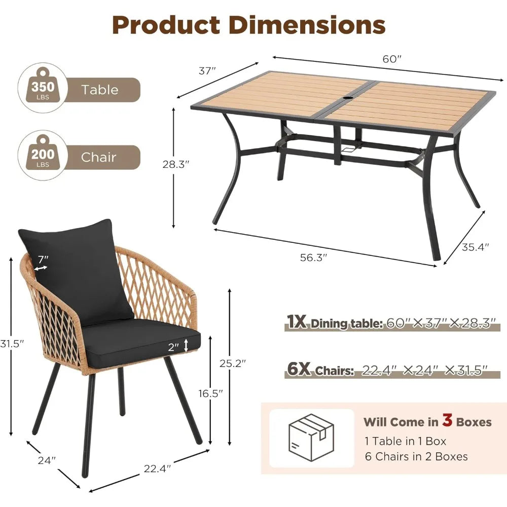 7-Piece Wicker Patio Dining Set with Cushions & Umbrella Hole – Black Rattan