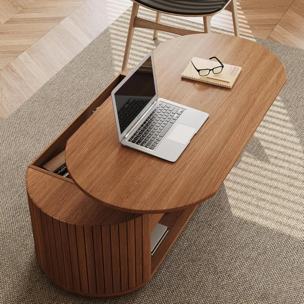 Minimalist Modern Oval Coffee Table 47" with Lift-Top