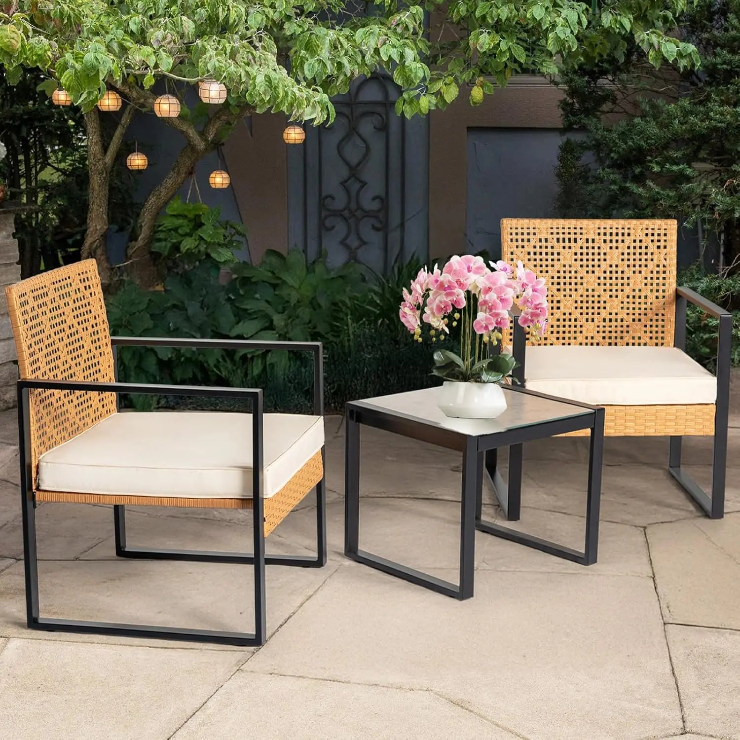 3-Piece Patio Bistro Set with Cushions & Glass Side Table – ANGDUO