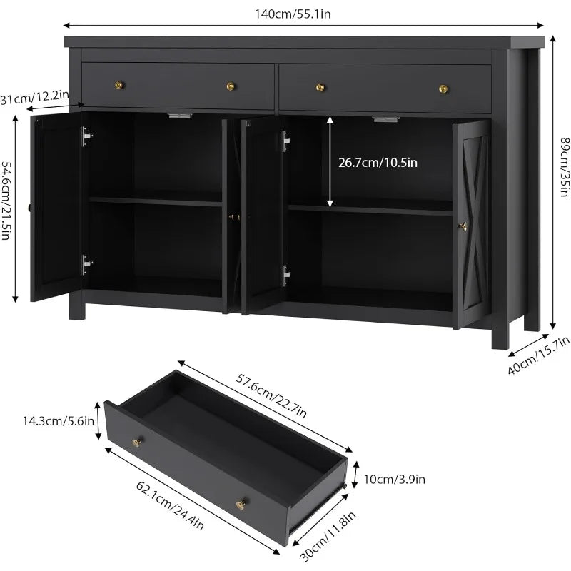 Sideboard Buffet Cabinet With Storage, 55" Large Kitchen Storage Cabinet With 2 Drawers And 4 Doors, Wood Coffee Bar Buf