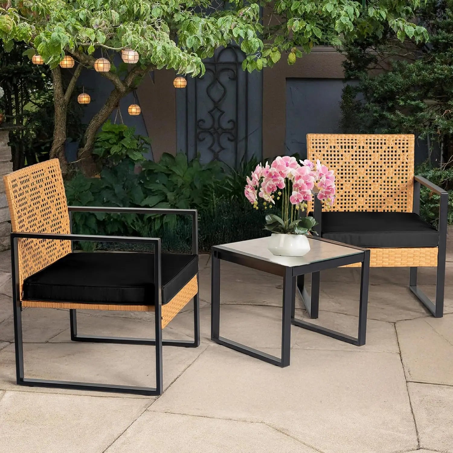 3-Piece Patio Bistro Set with Cushions & Glass Side Table – ANGDUO