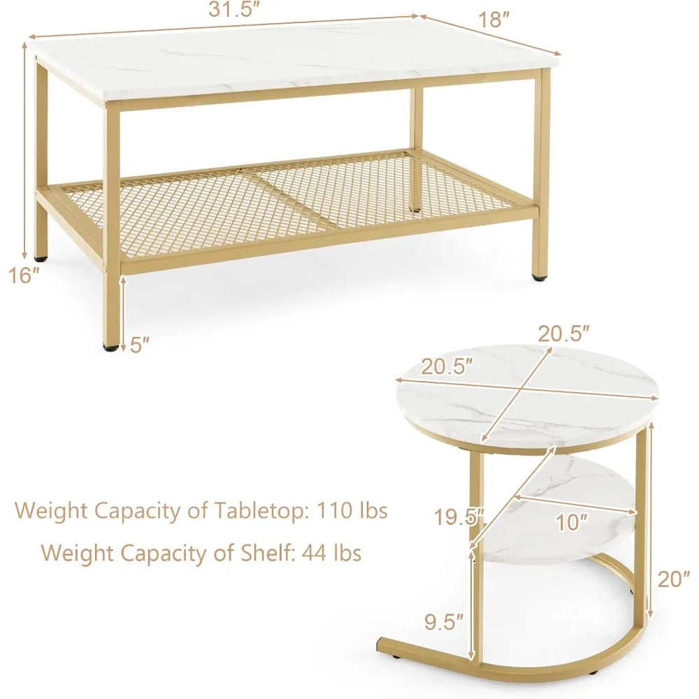 2-in-1 Gold Nesting Coffee & Side Table Set with Faux Marble Top