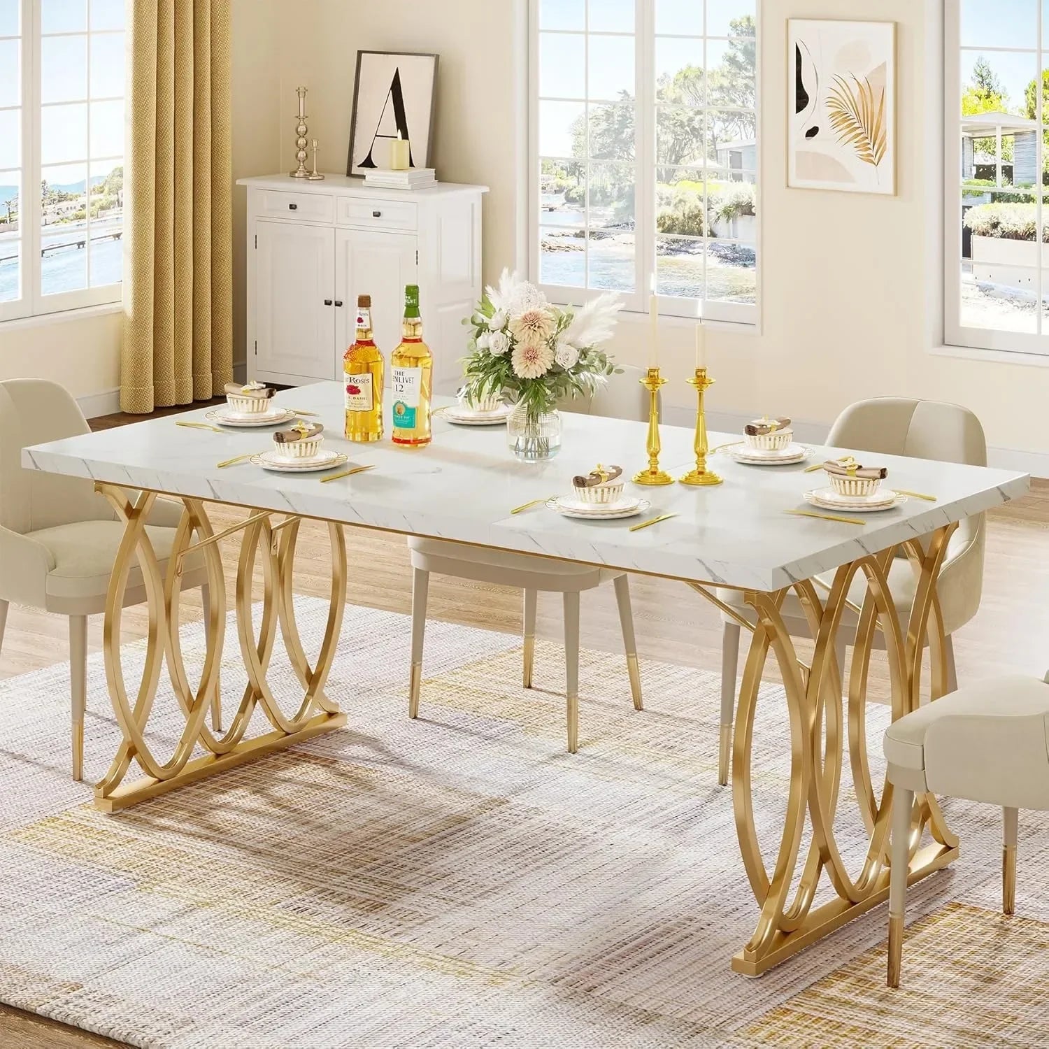 Modern Faux Marble Dining Table with Gold Geometric Legs