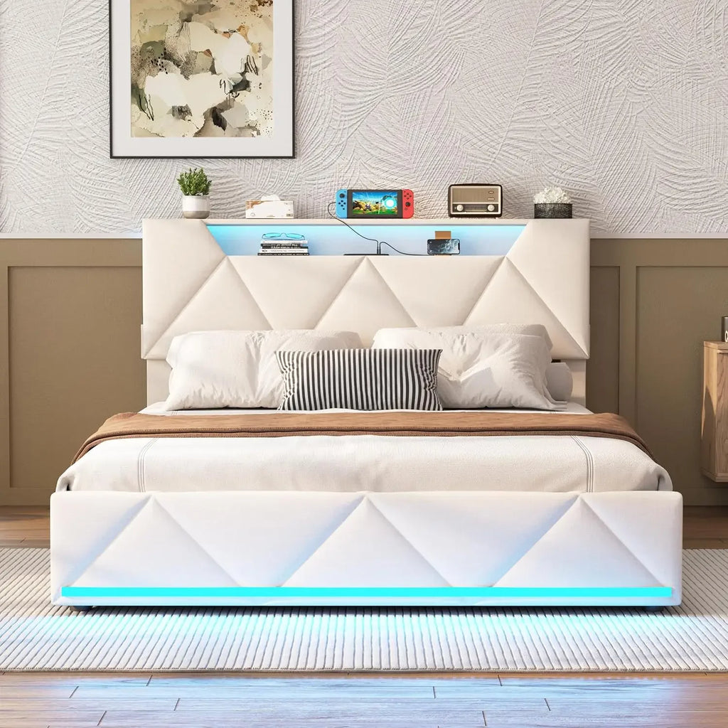 Queen Bed Frame with Storage, LED Lights & Built-in Charging Station
