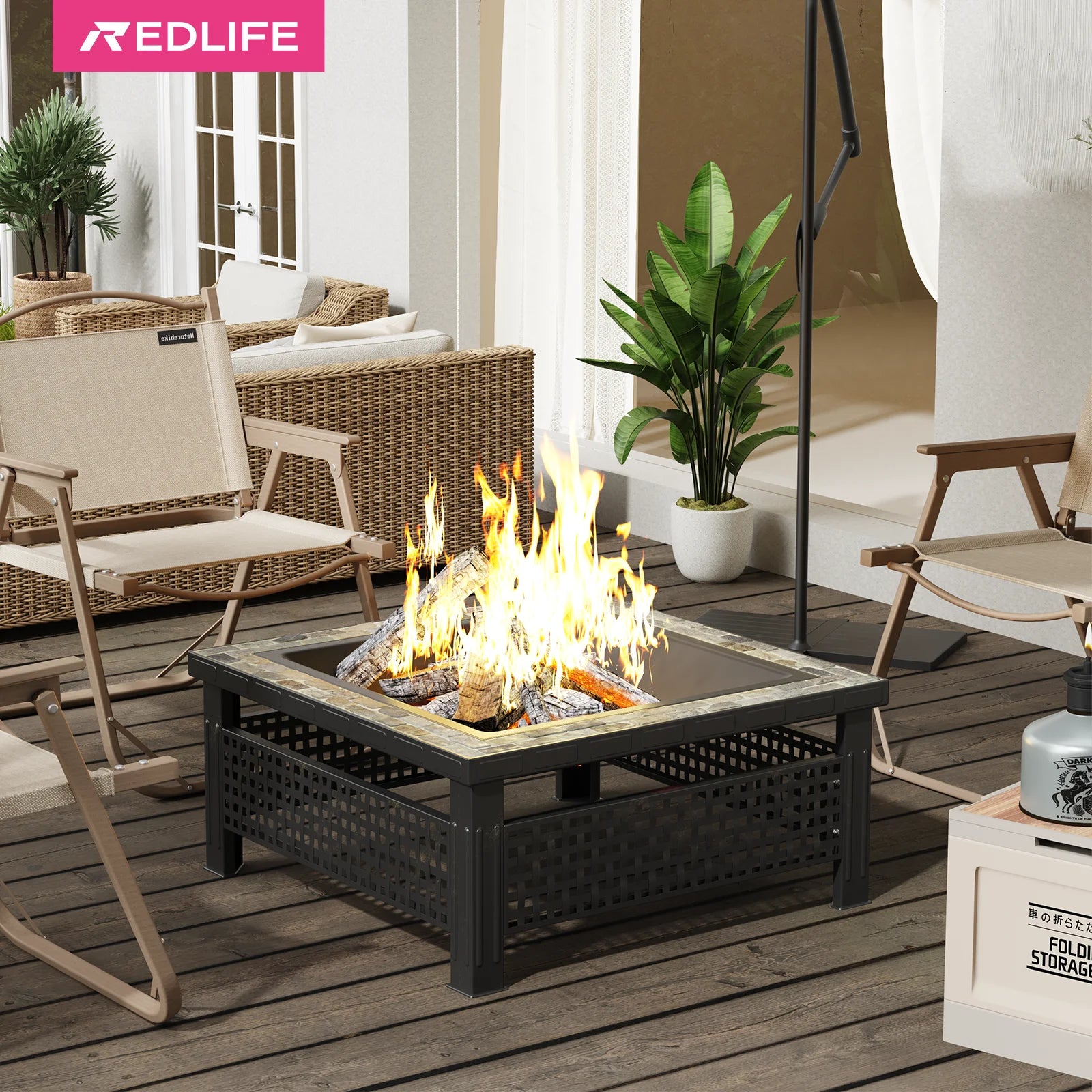 3-in-1 Outdoor Fire Pit with BBQ Grill & Ice Bucket – 30" Square Slate Design