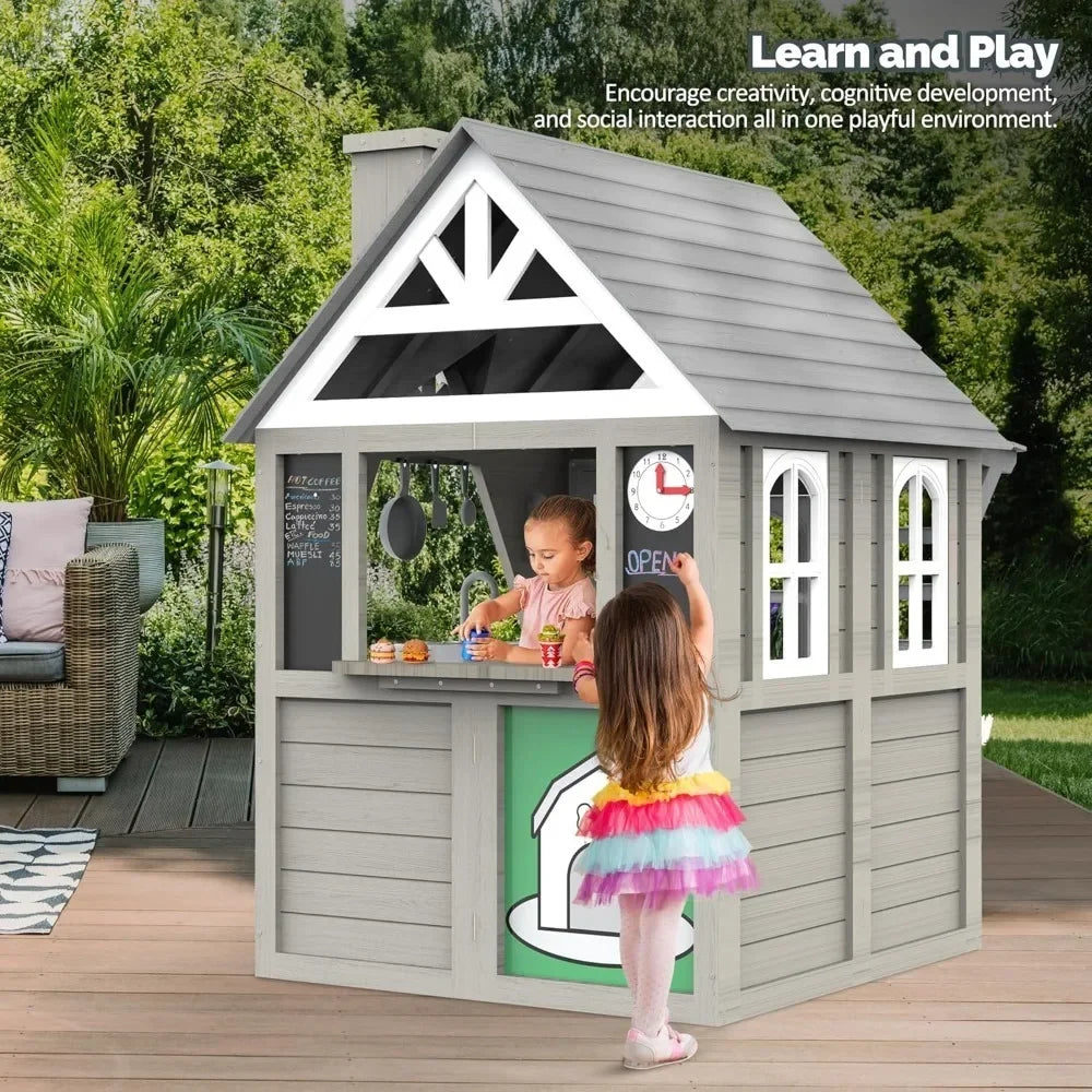 Children’s Outdoor Playhouse with Kitchen, Doorbell & Chalkboard – Fir Wood & Plastic