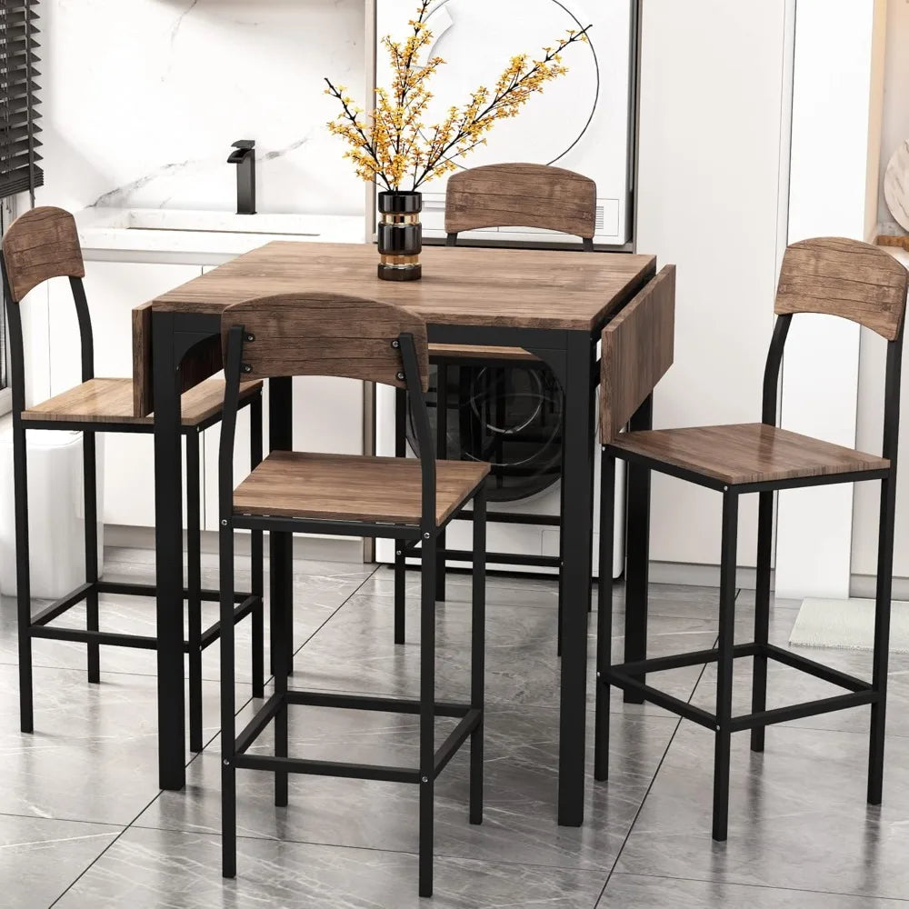 Rustic Farmhouse Dining Set for 4 with Drop-Leaf Table