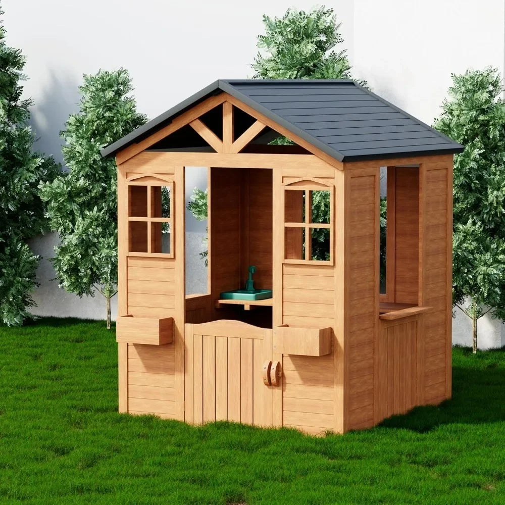 Outdoor Kids Playhouse | Wooden Toddler Playhouse with Kitchen & Accessories