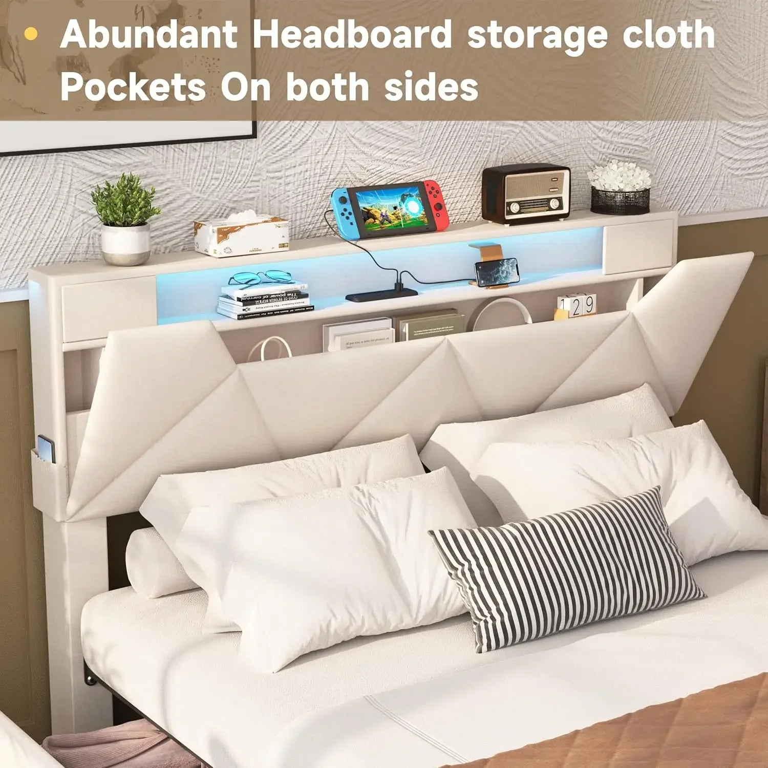 Queen Bed Frame with Storage, LED Lights & Built-in Charging Station