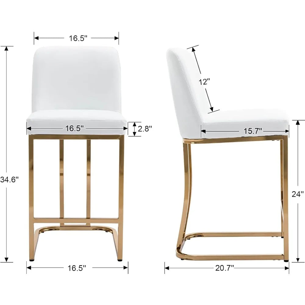 24" Modern Upholstered Bar Stool – White Faux Leather, Brushed Metal Frame