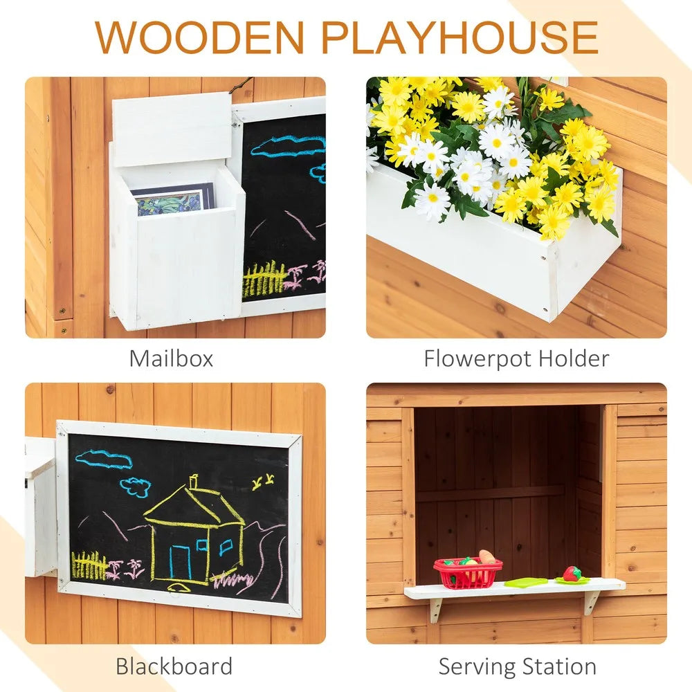 Kids Outdoor Wooden Playhouse, Garden Games Cottage, w/ Door Bench Blackboard